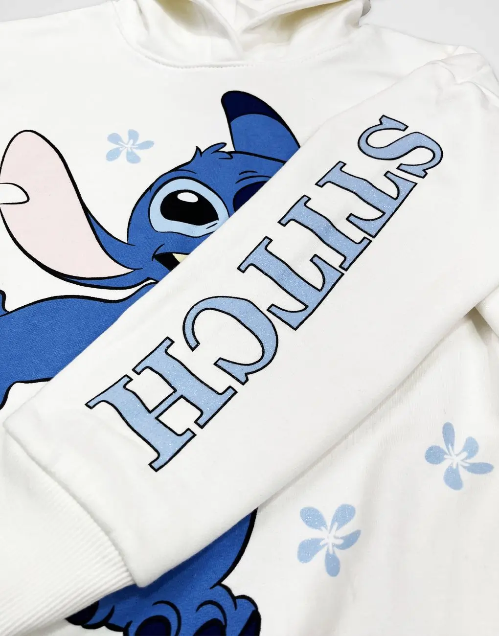 Polera Con Capucha Stitch Marfil + Celeste Para Niñas