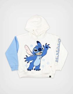 Polera Con Capucha Stitch Marfil + Celeste Para Niñas