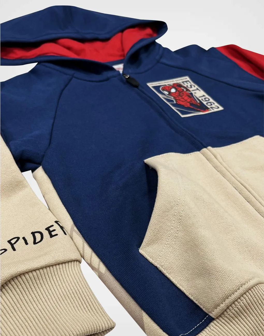 Casaca Con Capucha Spider Man Color Azul + Beige Para Niños