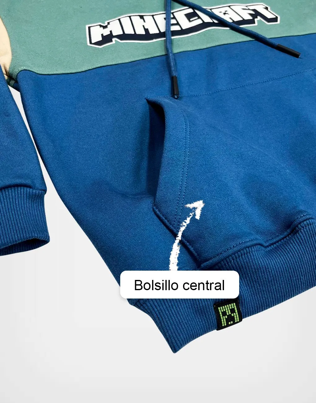 Polera Con Capucha Minecraft Color Azul + Verde Para Niños