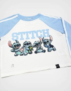 Polo Manga Larga Stitch Color Celeste + Beige Para Niñas