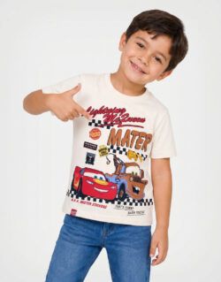 Polo Manga Corta Cars Rayo McQueen & Mate Marfil Para Niños