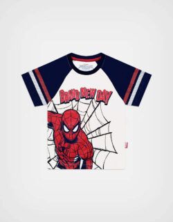Polo Manga Corta Spider Man Color Marfil + Azul Para Niños