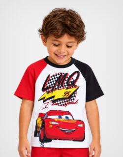 Polo Manga Corta Cars Rayo McQueen Rojo + Negro Para Niños