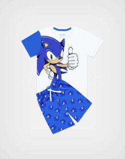 Pijama Manga Corta Sonic Color Blanco + Azul Para Niños